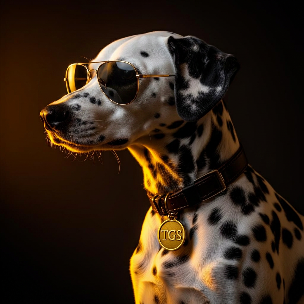 The Good Sht Dalmatian mascot in profile, wearing a gold club tag